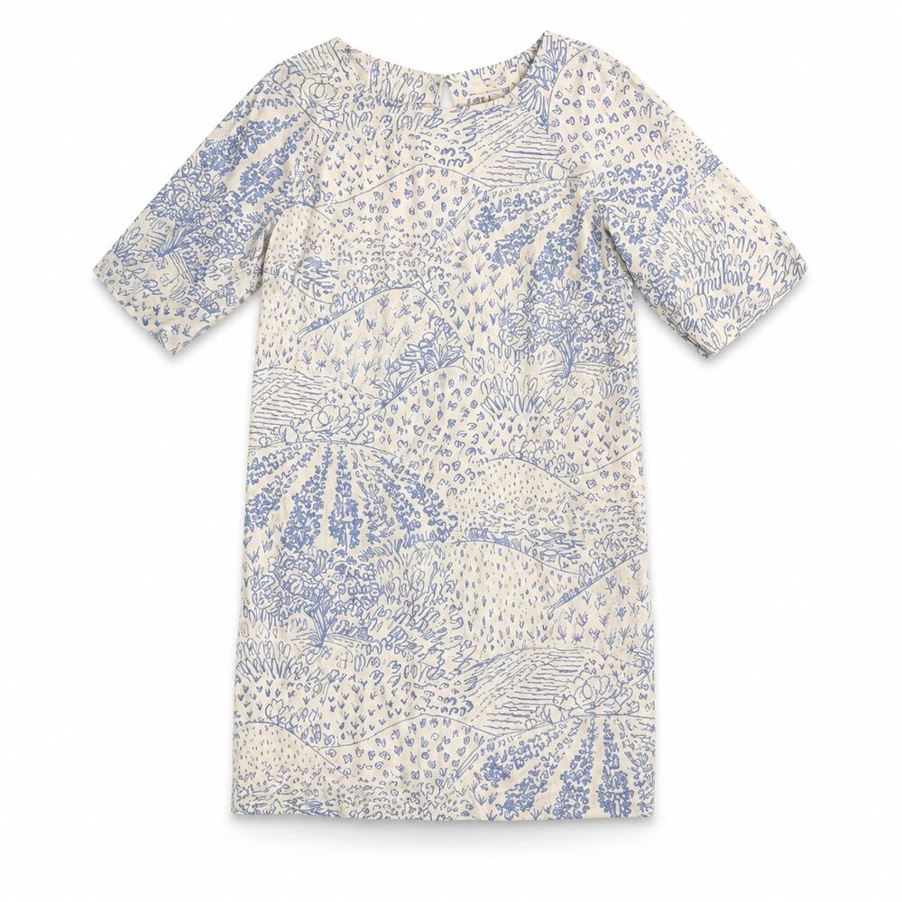 Boden Size 2R Cotton Shift Dress Blue White Landscape Print EUC Short Sleeve